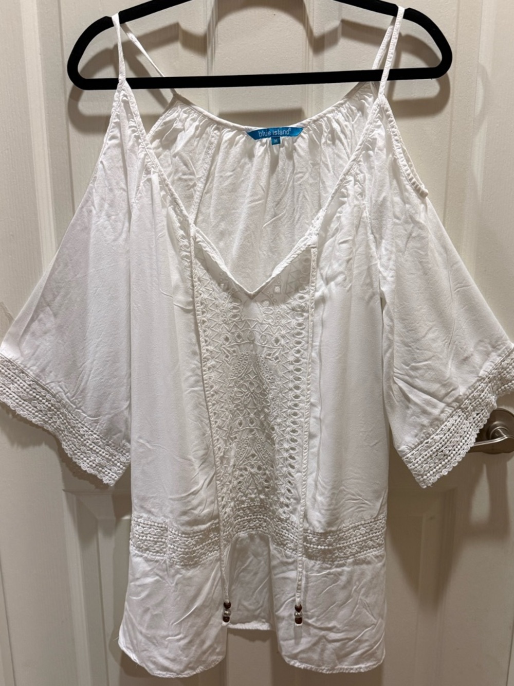 Blue island White Cold-Shoulder Crochet Trim Tunic Vacation Resort Top Sz M